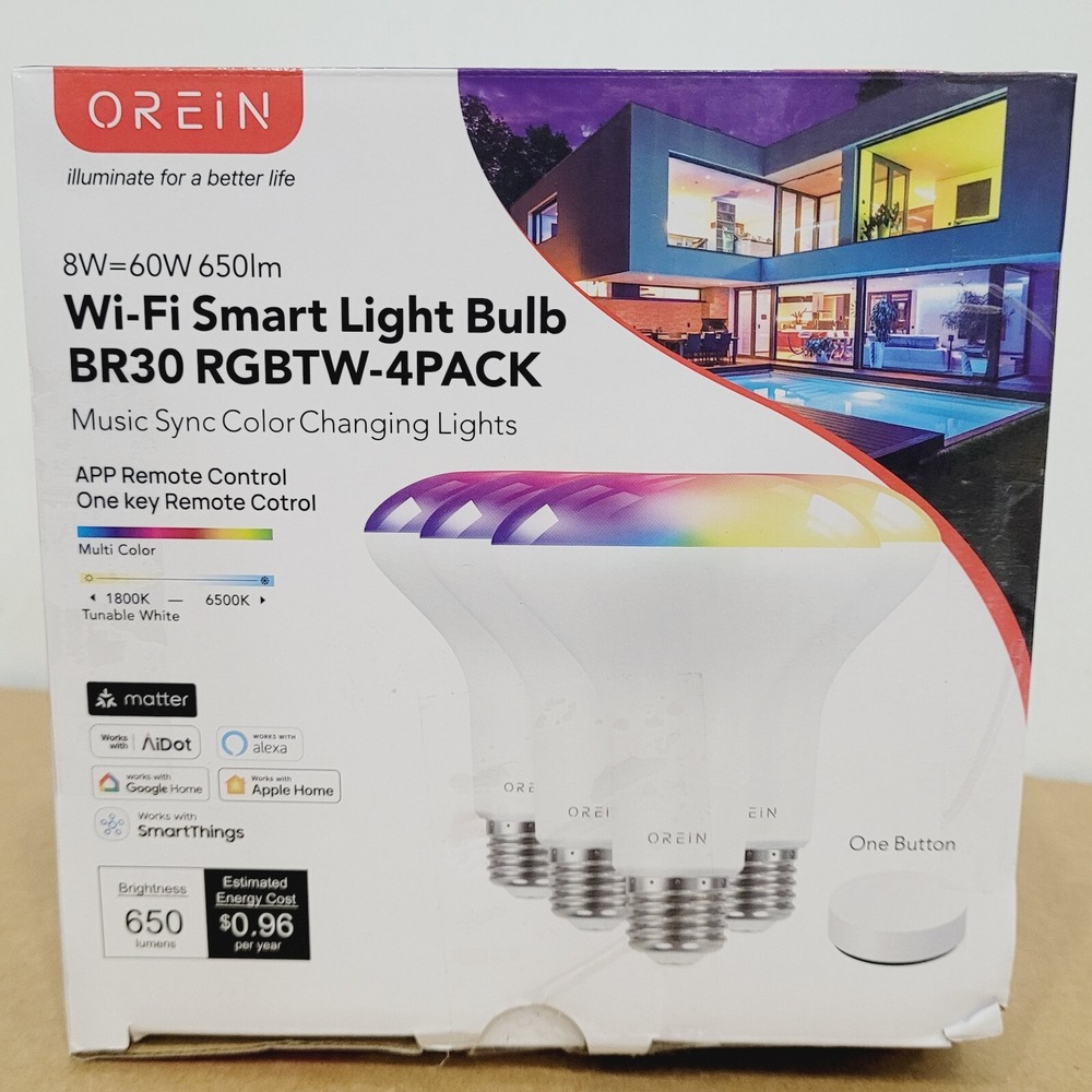 OREiN Matter BR30 Smart LED Bulb‎ 4-Pack E26 WiFi Color Change Music Sync